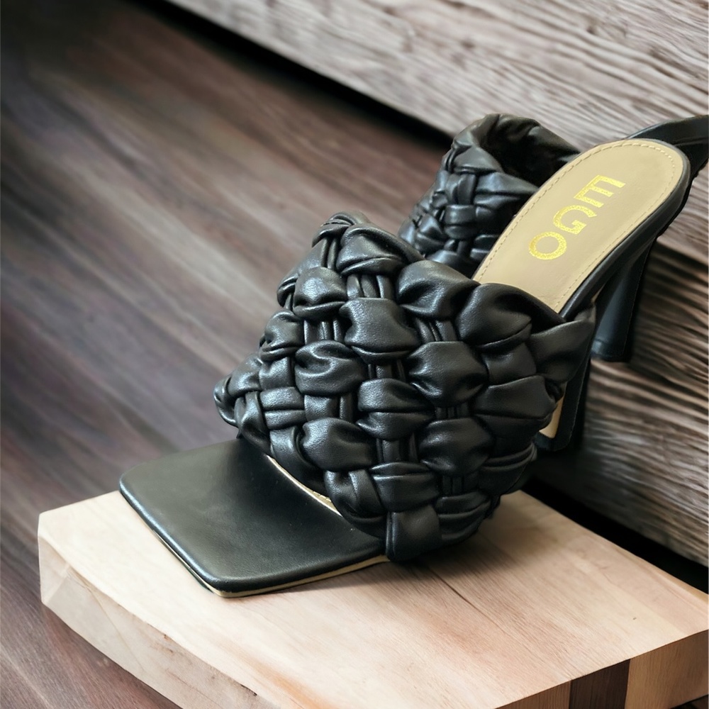 EGO TROPEZ SQUARE TOE QUILTED HEEL MULE IN BLACK FAUX LEATHER